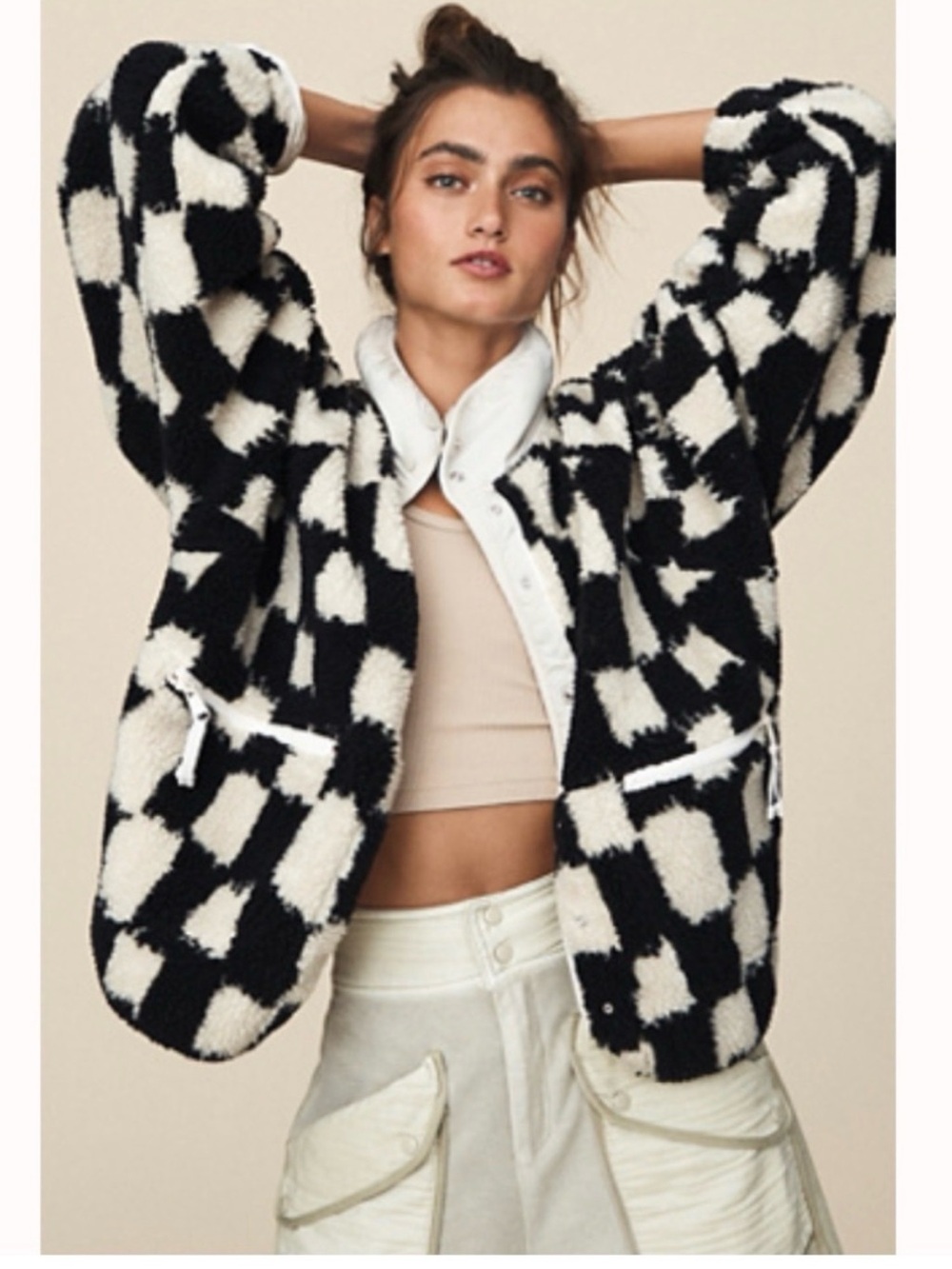Free People Black & Cream Checkerboard Teddy Jacket